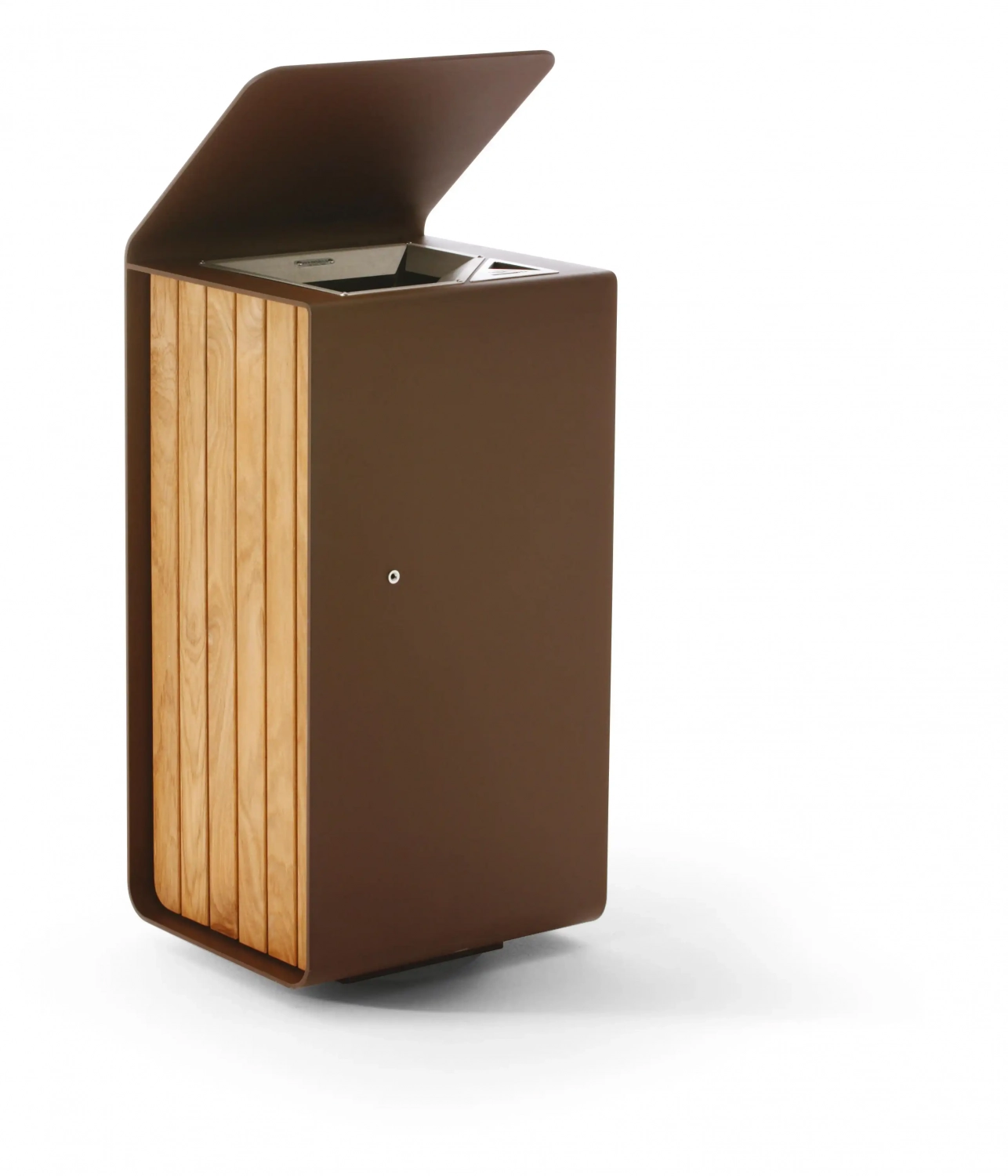 yes-abfallbehaelter-07 Moderner Abfallbehälter mit einer Kombination aus braunem Metall und holzähnlichen Elementen. Der Behälter hat einen Deckel und eine schlichte, zeitgemäße Form.