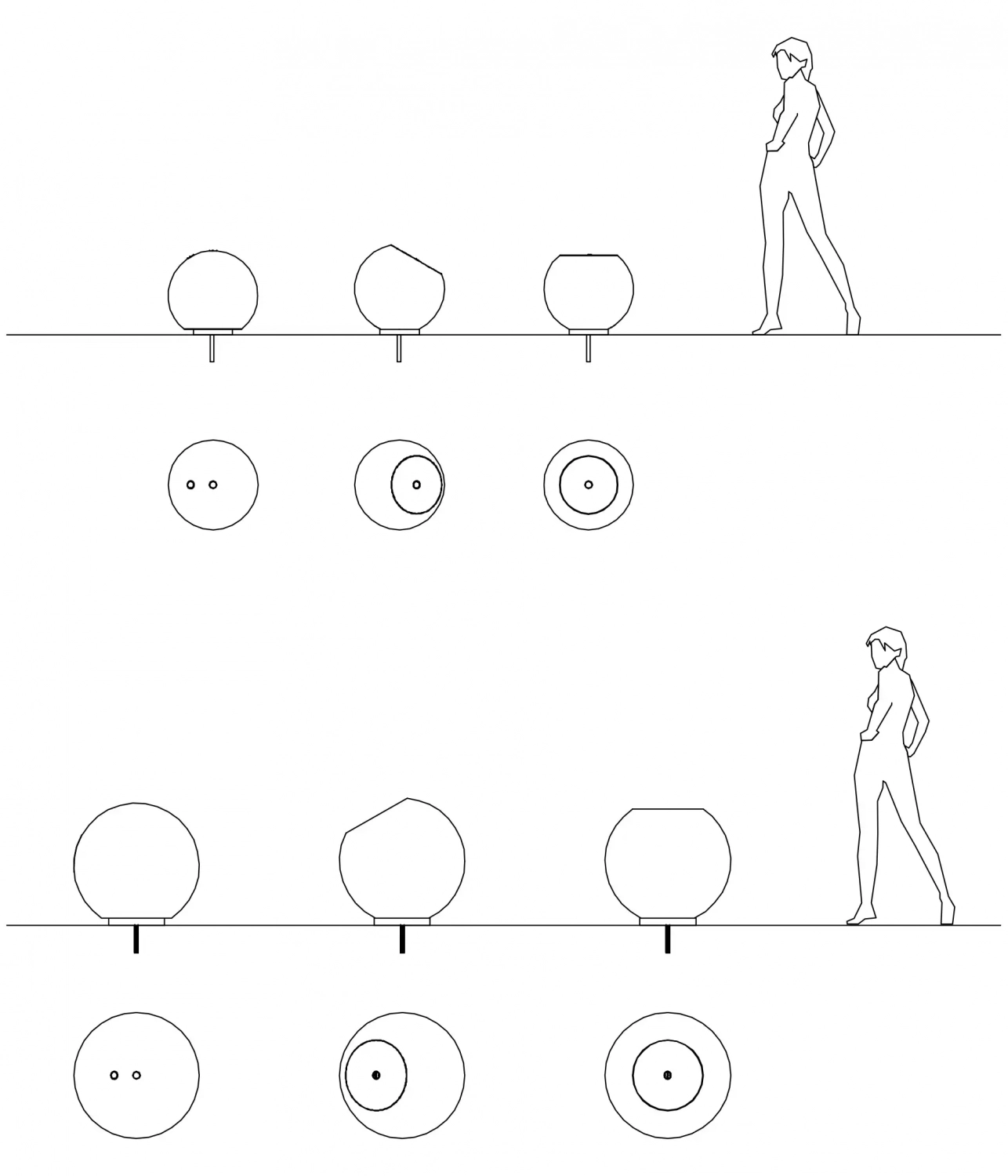 Diagramm mit verschiedenen Pollern in unterschiedlichen Formen, gezeigt neben einer stehenden Figur, die die Größenverhältnisse verdeutlicht.