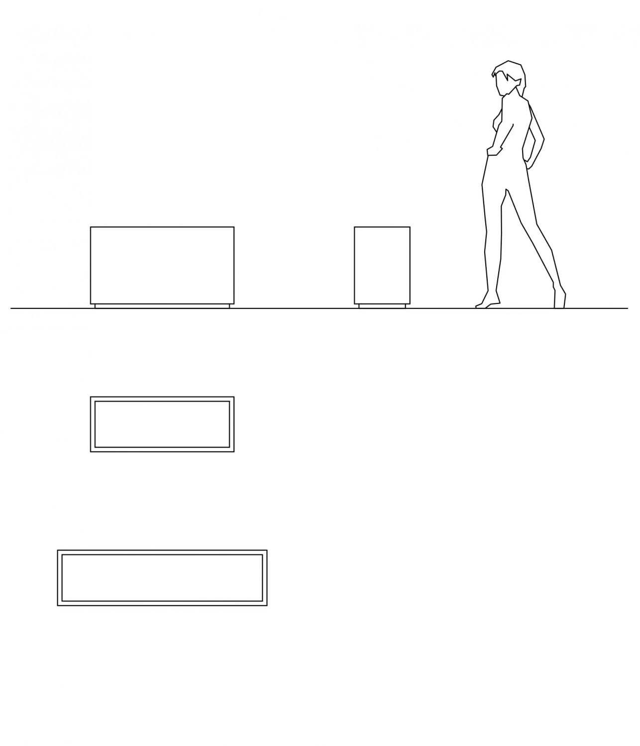 Abbildung zeigt verschiedene Pflanzbehälter in unterschiedlichen Größen, mit einer stilisierten menschlichen Figur zur Größenveranschaulichung.