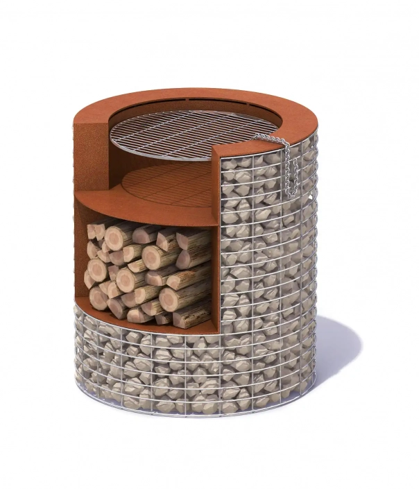 Schnittansicht eines modernen Grills mit Holzlager, Grillrost und runder Form.