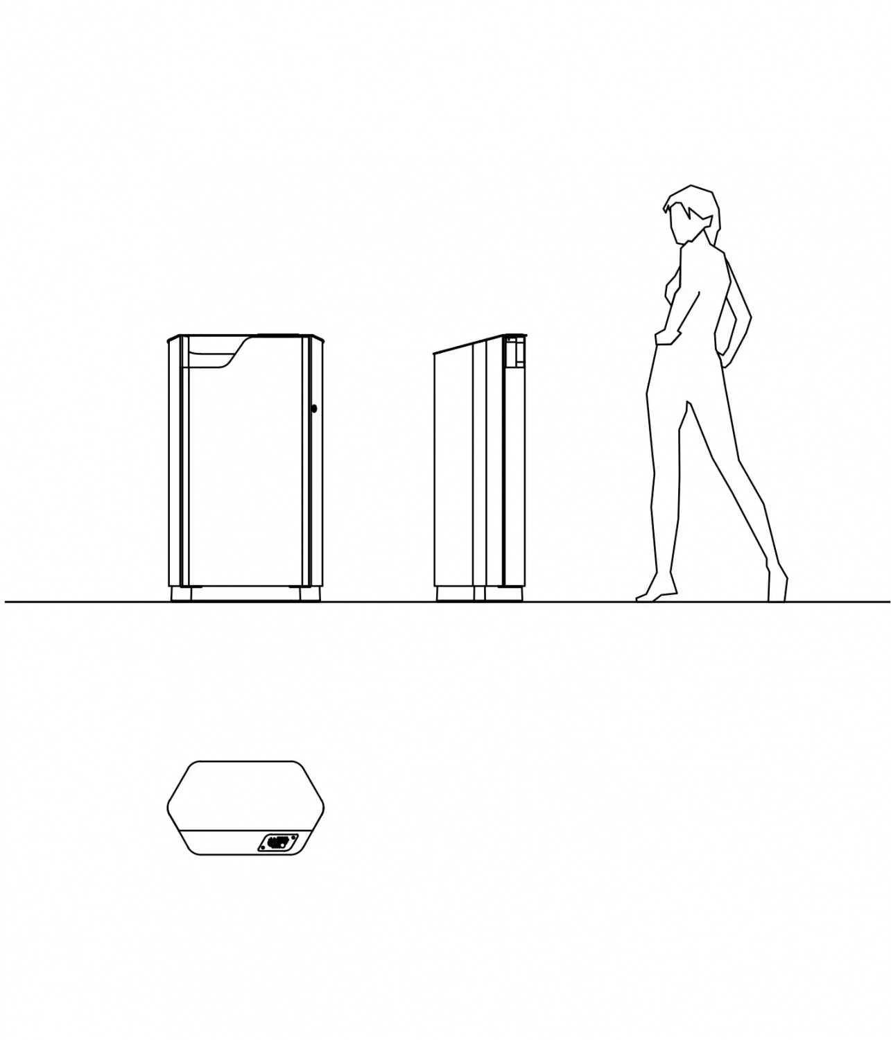 Nachzeichnung eines Abfallbehälters mit einer stylisierten Figur, die daran vorbeigeht.