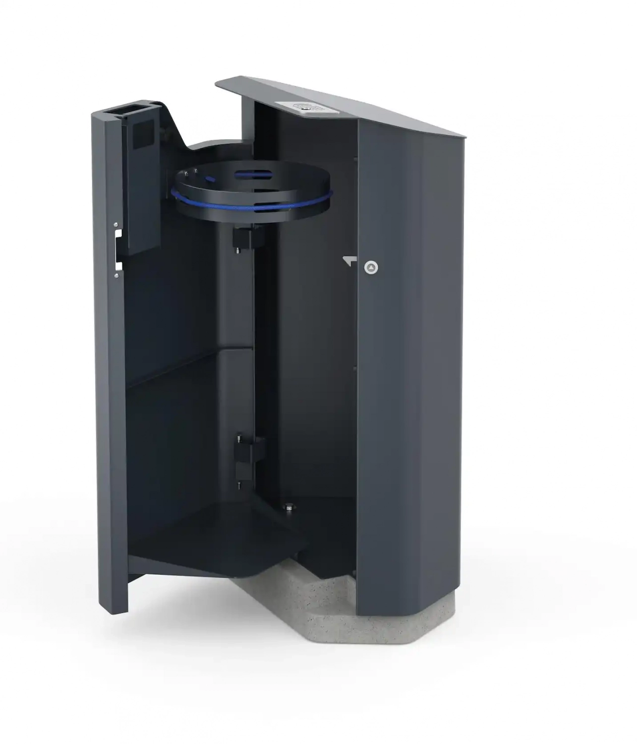 Abfallbehälter in dunkelgrauer Farbe, geöffnet, mit innerer Halterung und Betonbasis.