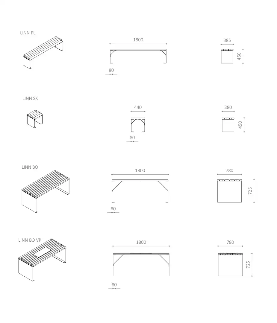 Schematische Darstellung von Tisch-Bank-Kombinationen mit unterschiedlichen Abmessungen und Designs.